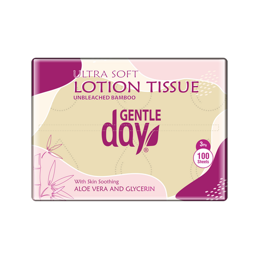 Packaging of Gentle Day ultra-soft lotion tissue with aloe vera and glycerin, featuring 100 pcs per pack, emphasizing it's for sensitive skin.