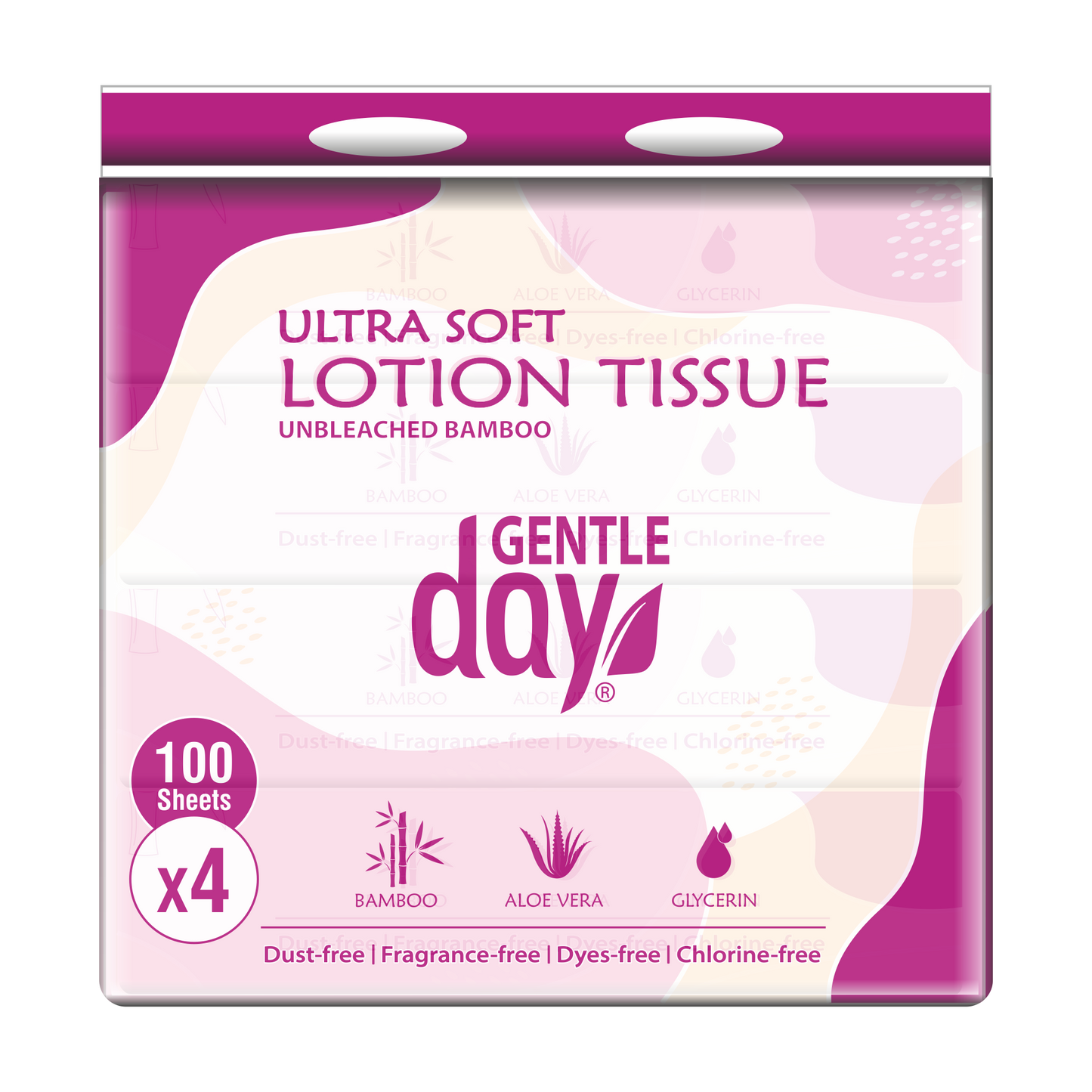 Packaging of Gentle Day ultra-soft lotion tissue with aloe vera and glycerin