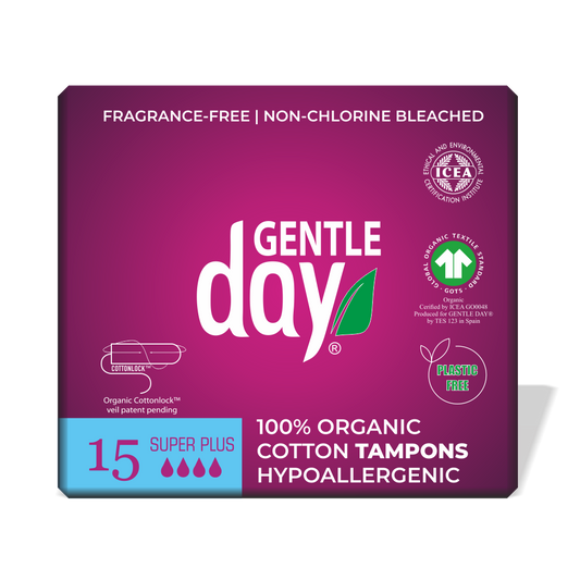 Packaging of GENTLE DAY super plus organic cotton tampons