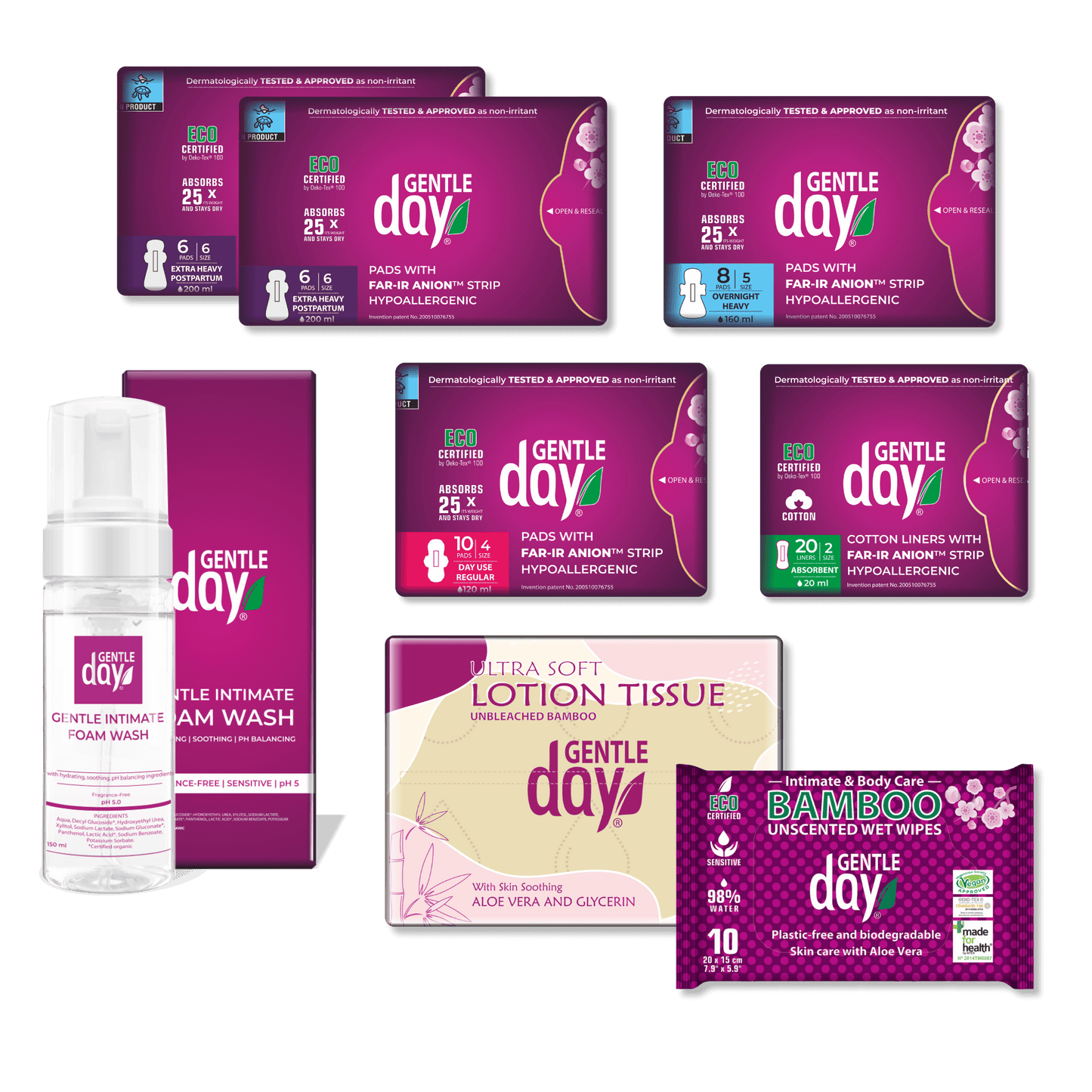 Gentle Day postpartum kit including pads, wipes, and other personal care items