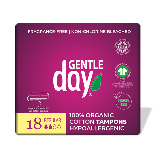 Packaging of GENTLE DAY organic cotton tampons with the label indicating fragrance-free, non-chlorine bleached, 100% organic cotton, and hypoallergenic