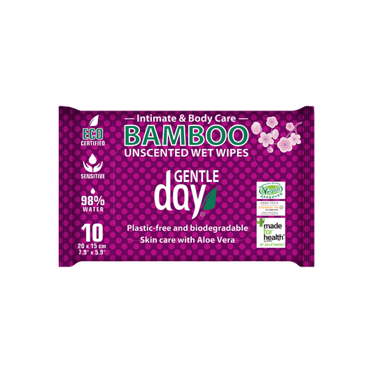 Packaging of Gentle Day bamboo unscented wet wipes