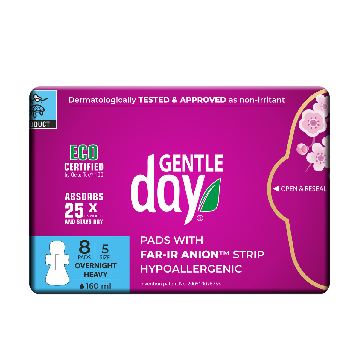 Packaging of GENTLE DAY Organic Packaging of Gentle Day Heavy Flow Pads with FAR-IR ANION Strip