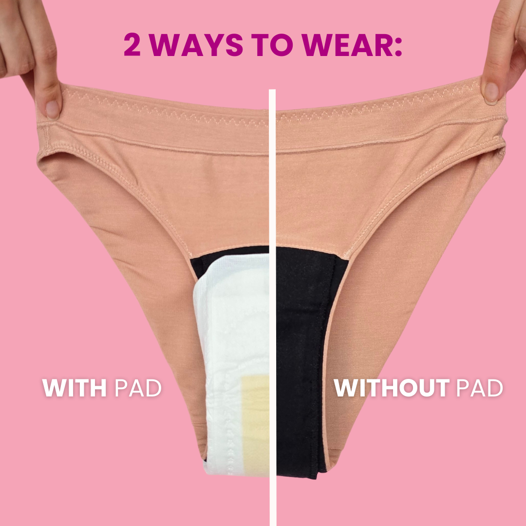 Woman showing two ways to wear Genial period panties
