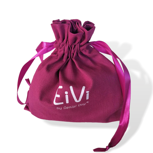 A purple travel underwear bag featuring the brand logo 'EiVi by Genial day' printed on the front