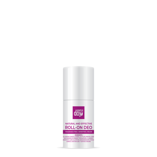 A roll-on deodorant by Gentle Day, packaged in a white bottle with a purple label that states 'Natural and Effective Roll-On Deodorant