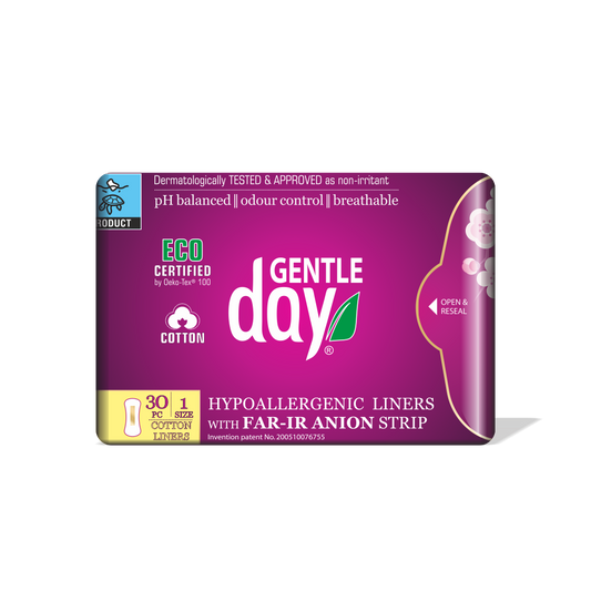Packaging of GENTLE DAY Organic Cotton liners with FAR-IR ANION Strip