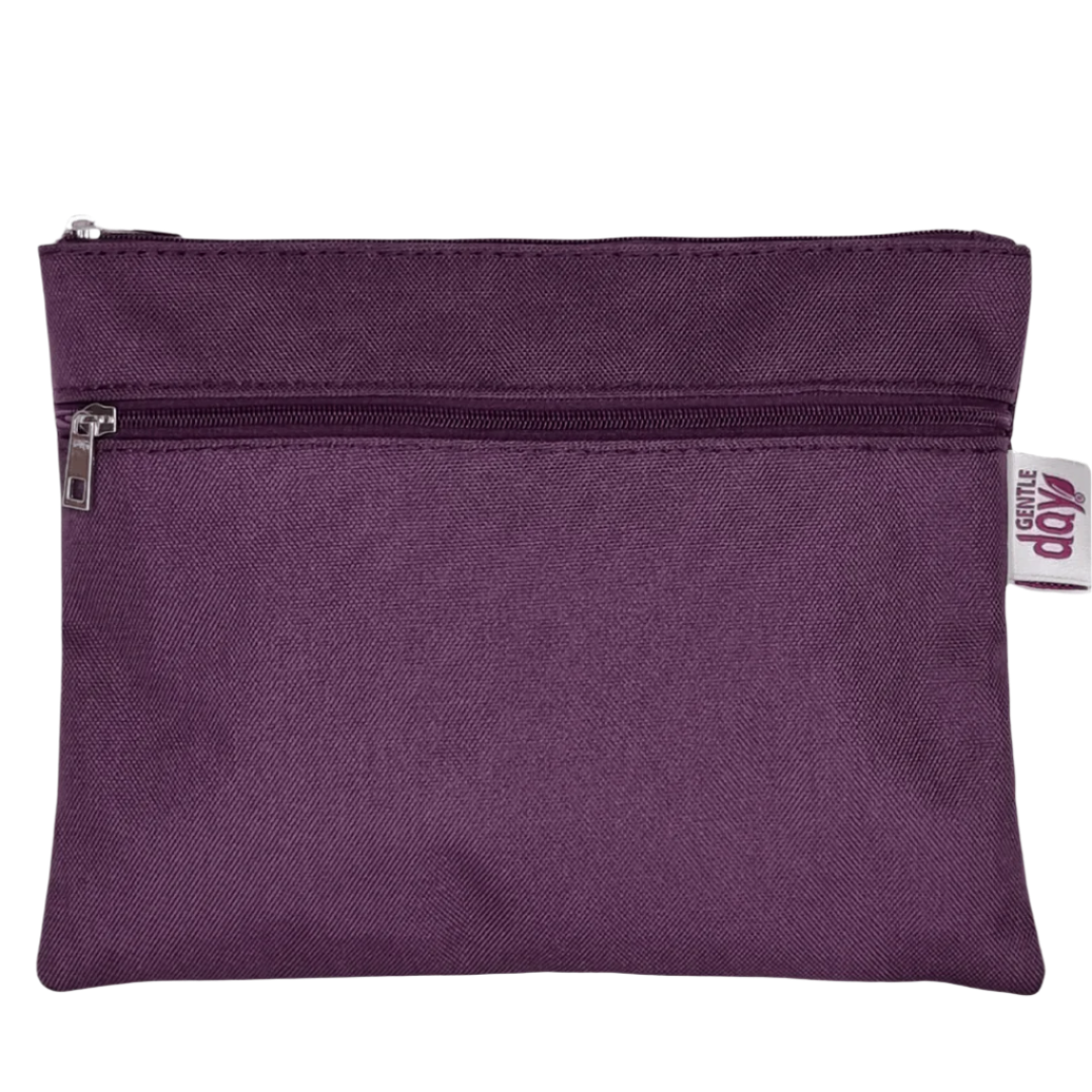 Purple pouch with a zipper and a visible brand tag on a white background