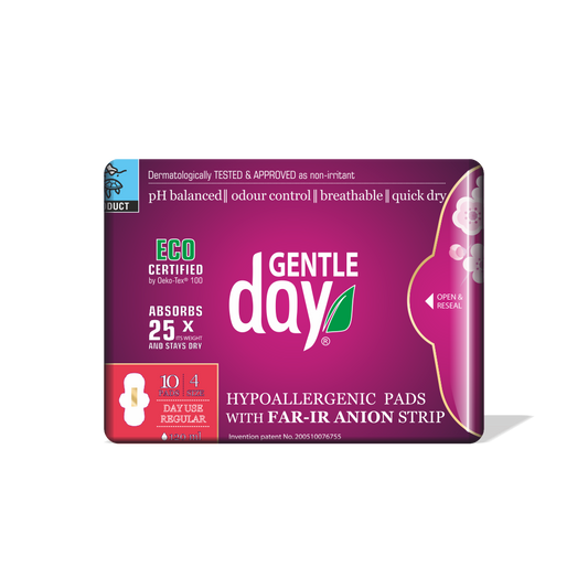 Packaging of GENTLE DAY Organic Regular Flow Pads with FAR-IR ANION Strip