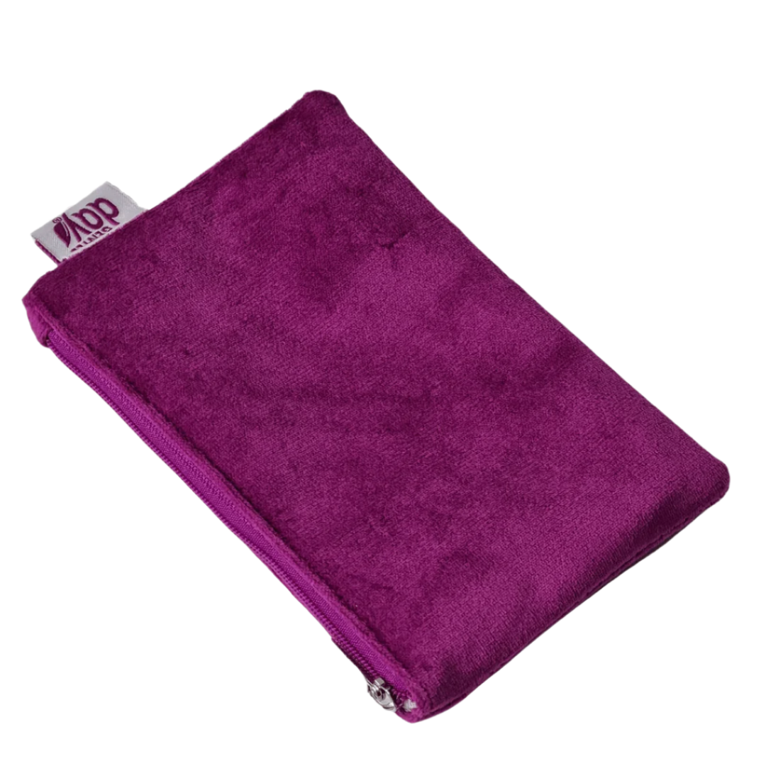 Purple pouch with a visible brand tag
