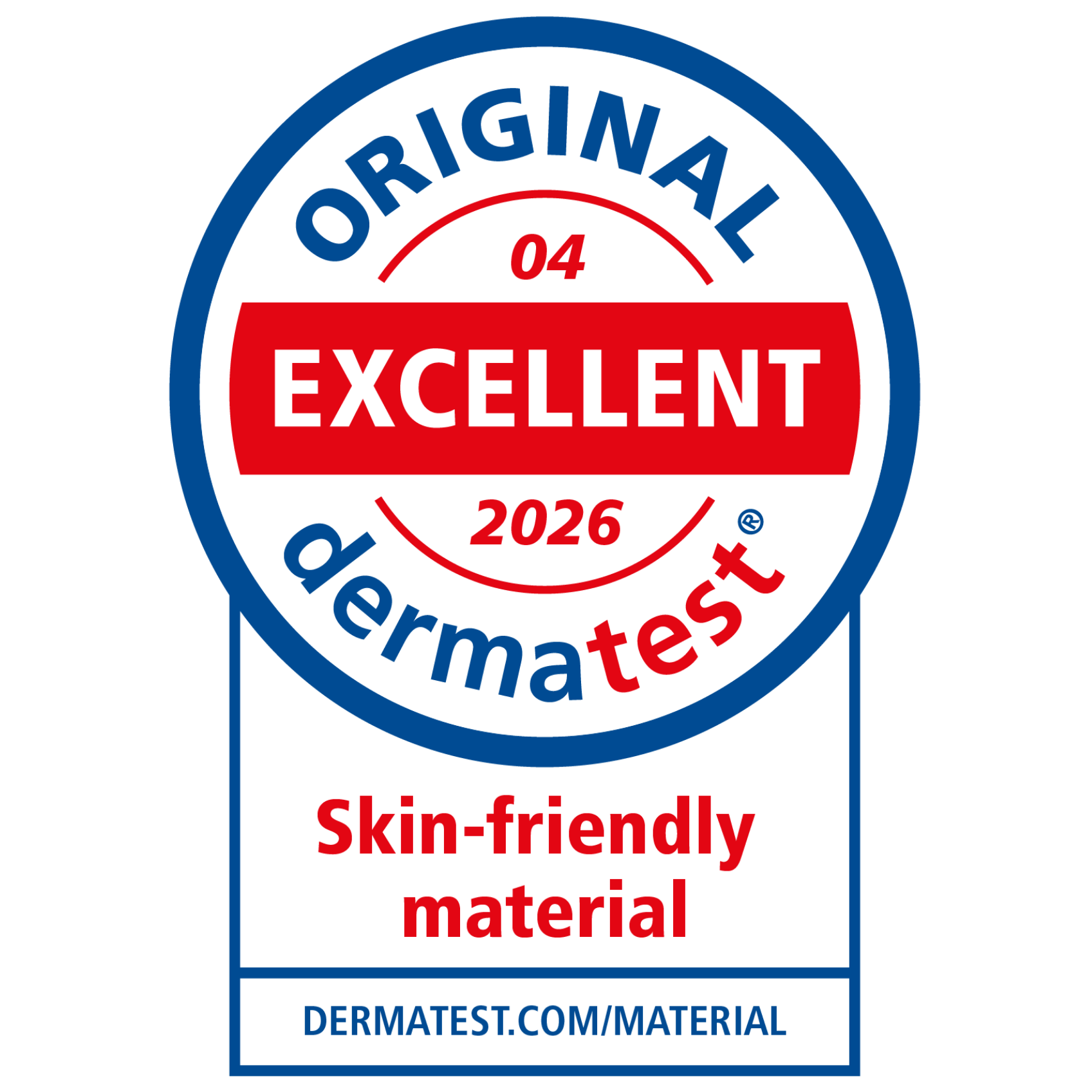 Dermatest certification logo with 'Excellent 2026' and 'Skin-friendly material' text on a white background.
