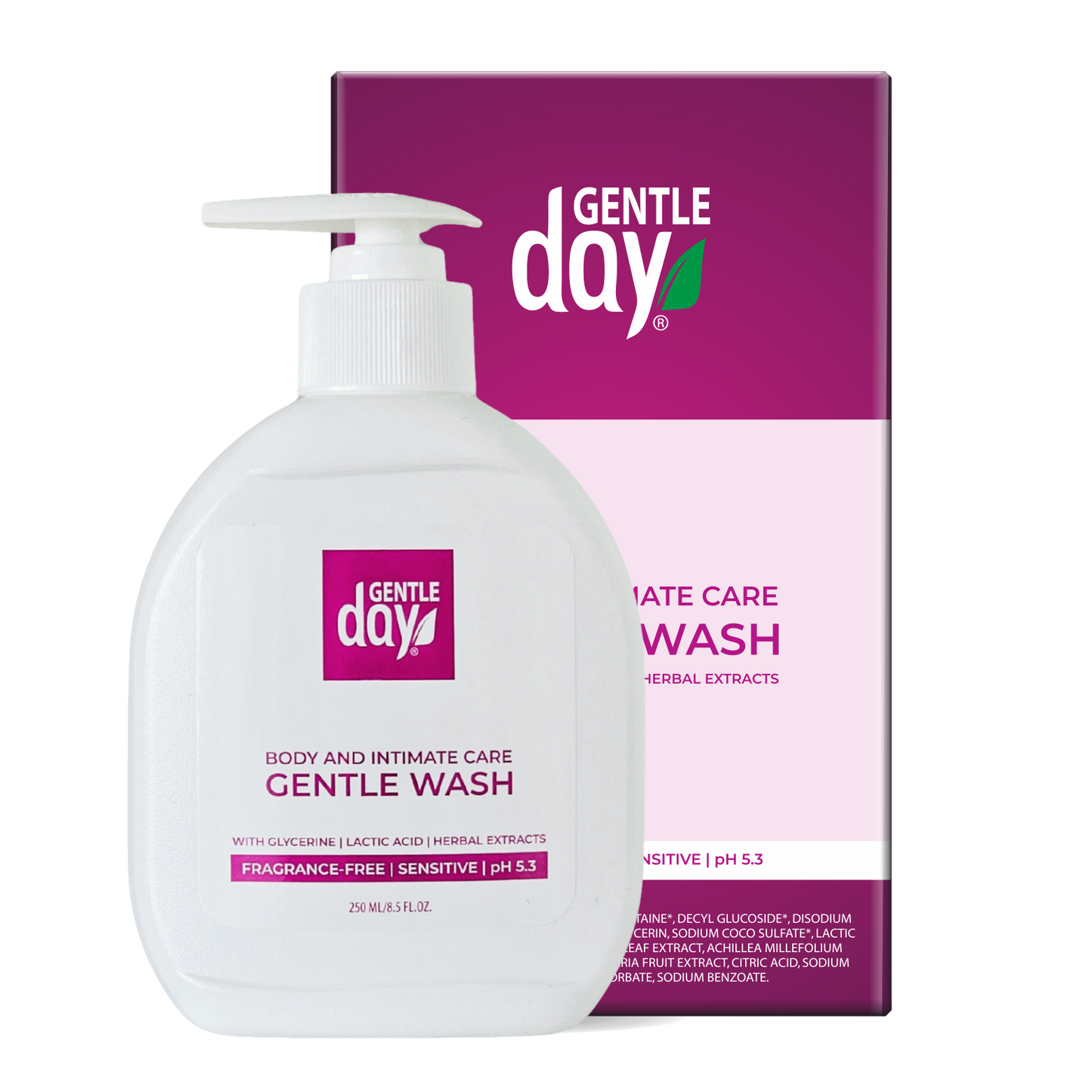 Gentle Day body wash bottle and packaging on a white background