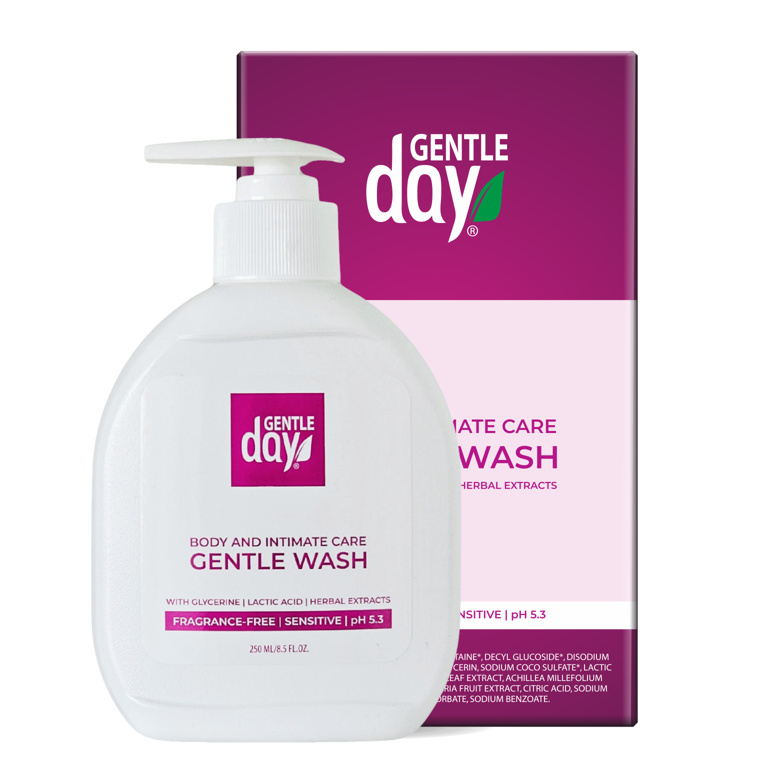 Gentle Day body wash bottle and packaging on a white background