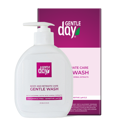 Gentle Day body wash bottle and packaging on a white background