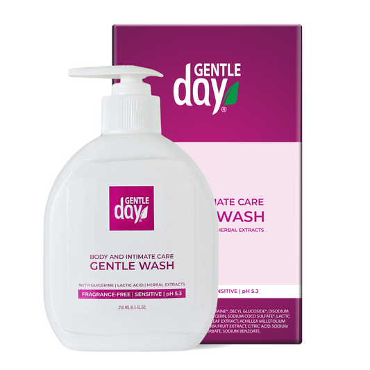 Gentle Day body wash bottle and packaging on a white background