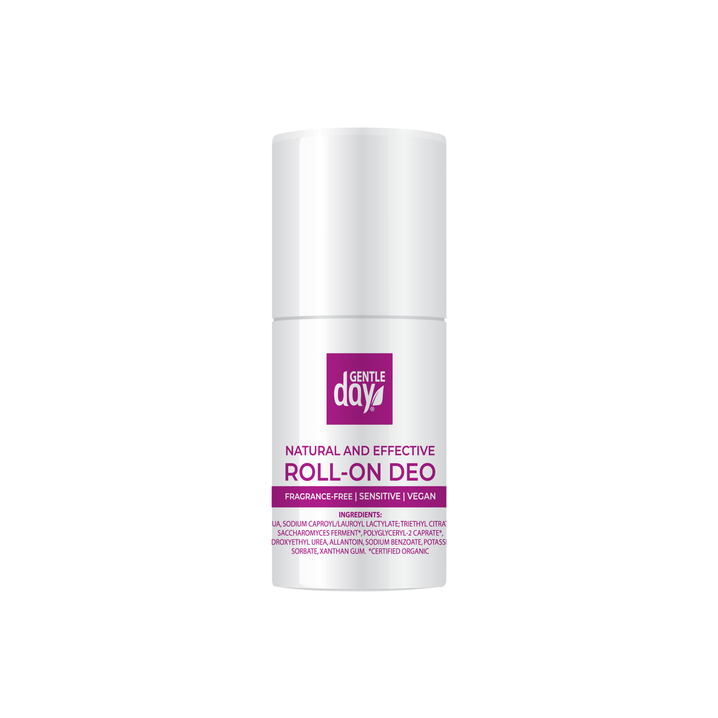 A roll-on deodorant by Gentle Day, packaged in a white bottle with a purple label that states 'Natural and Effective Roll-On Deodorant