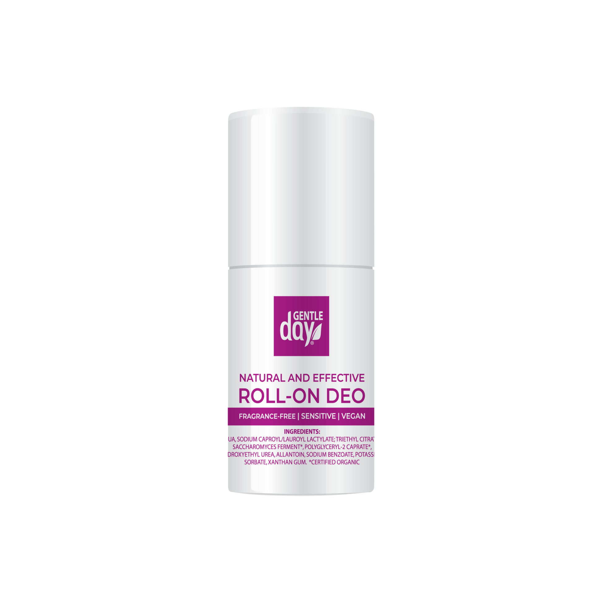 A roll-on deodorant by Gentle Day, packaged in a white bottle with a purple label that states 'Natural and Effective Roll-On Deodorant