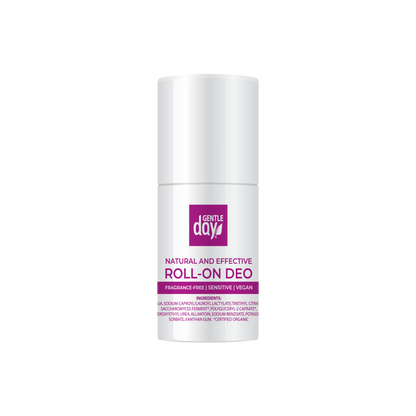 A roll-on deodorant by Gentle Day, packaged in a white bottle with a purple label that states 'Natural and Effective Roll-On Deodorant