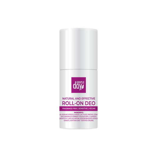 A roll-on deodorant by Gentle Day, packaged in a white bottle with a purple label that states 'Natural and Effective Roll-On Deodorant
