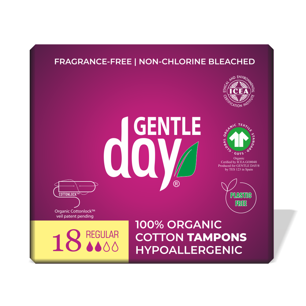 Packaging of GENTLE DAY organic cotton tampons with the label indicating fragrance-free, non-chlorine bleached, 100% organic cotton, and hypoallergenic