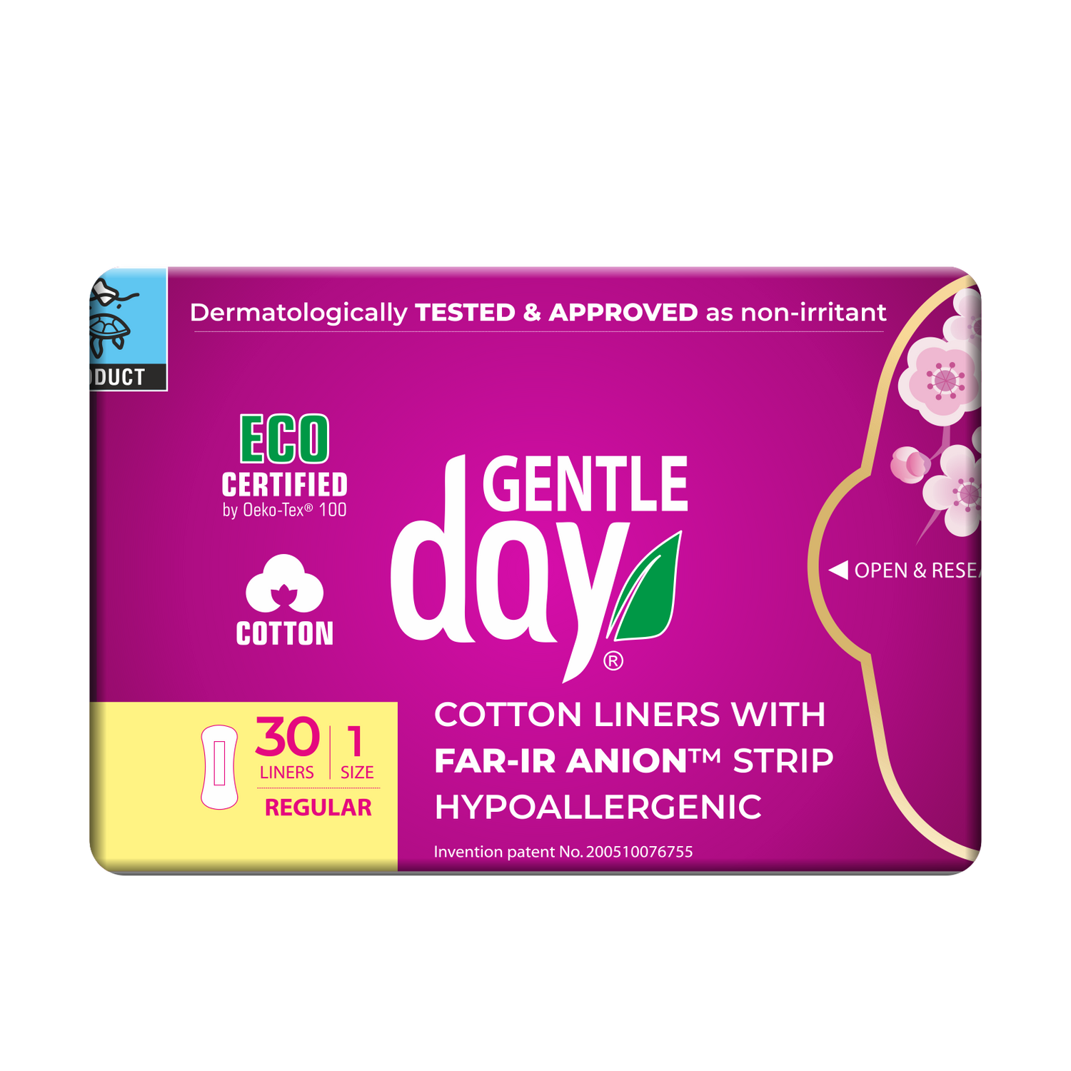 Packaging of GENTLE DAY Organic Cotton liners with FAR-IR ANION Strip