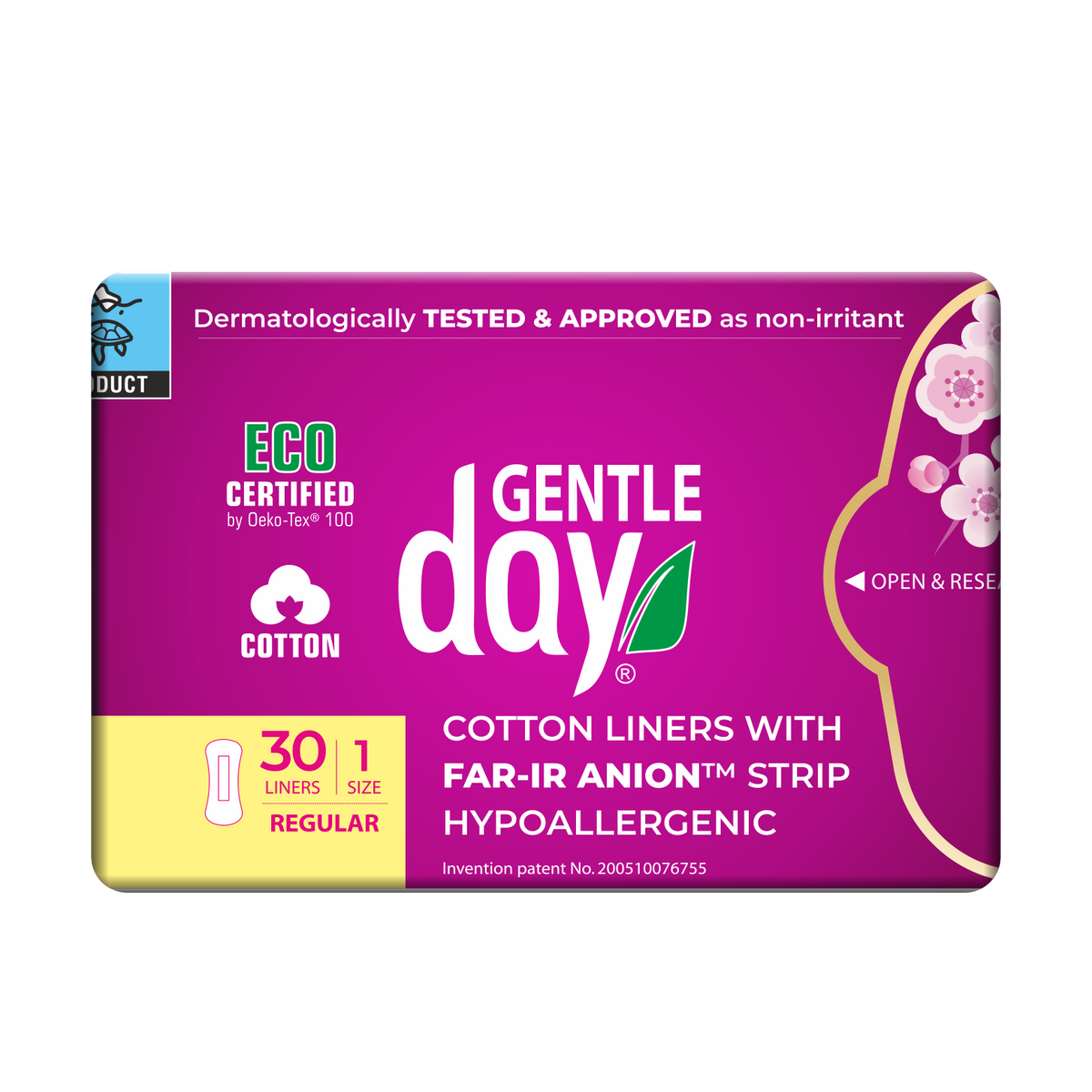 Packaging of GENTLE DAY Organic Cotton liners with FAR-IR ANION Strip