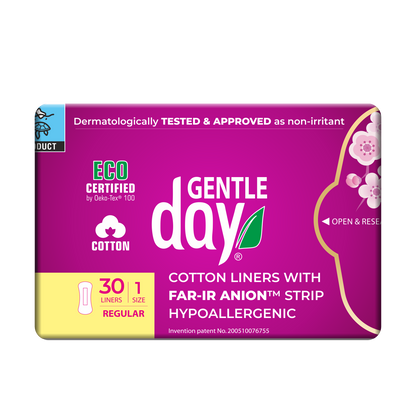 Packaging of GENTLE DAY Organic Cotton liners with FAR-IR ANION Strip