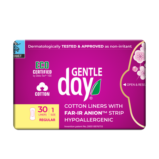 Packaging of GENTLE DAY Organic Cotton liners with FAR-IR ANION Strip