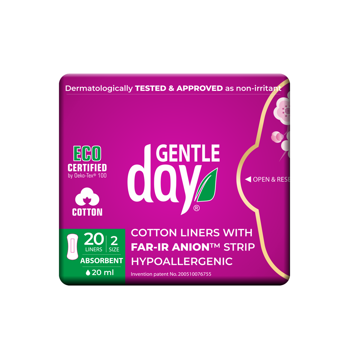 Packaging of GENTLE DAY organic absorbent liners with FAR-IR Anion Strip