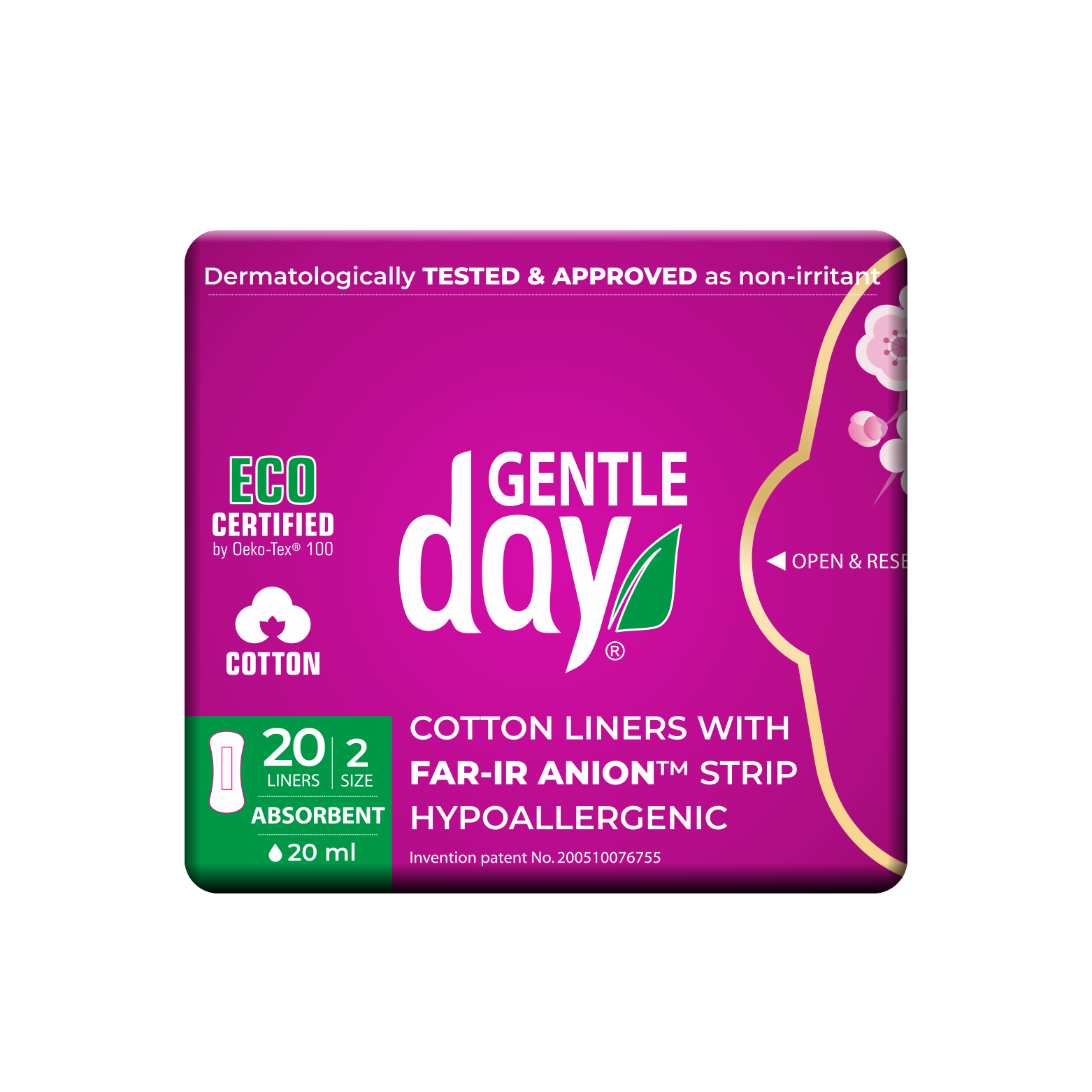 Packaging of GENTLE DAY organic absorbent liners with FAR-IR Anion Strip