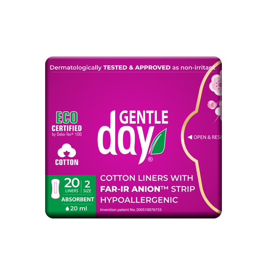 Packaging of GENTLE DAY organic absorbent liners with FAR-IR Anion Strip