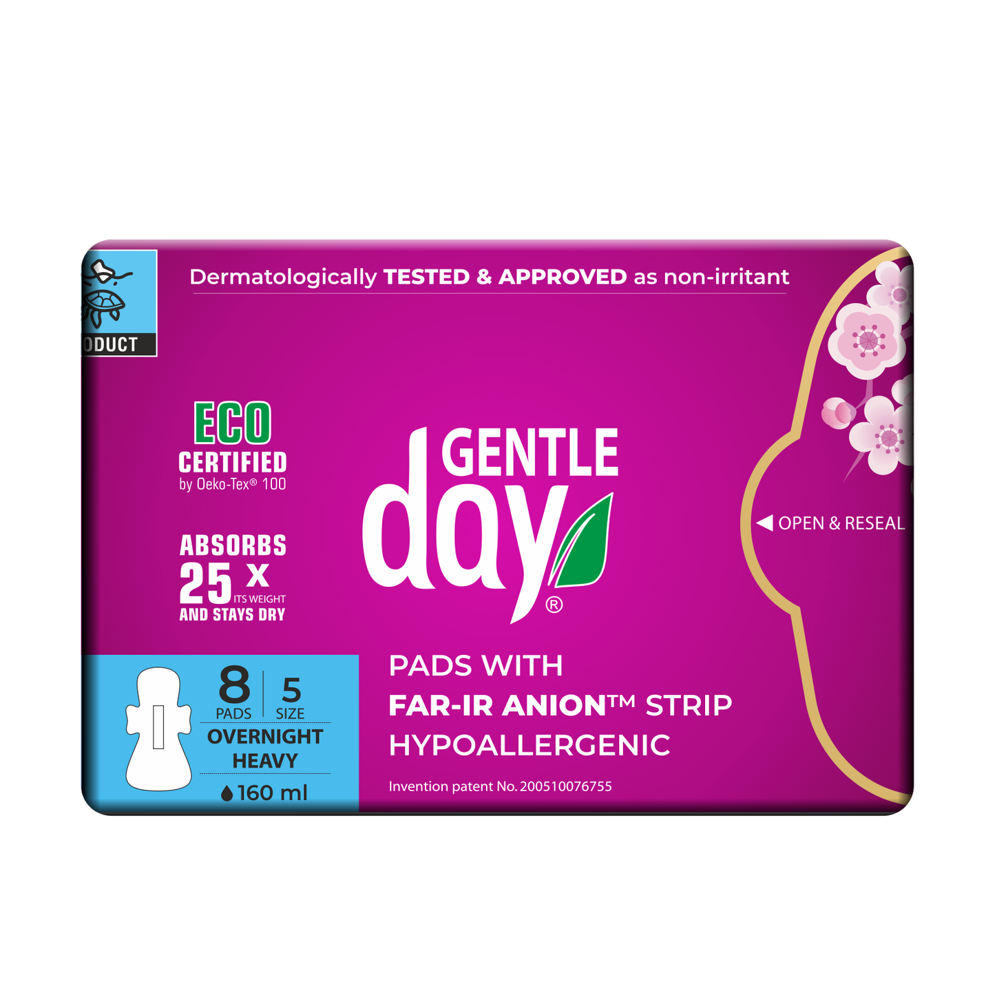 Packaging of GENTLE DAY Organic Packaging of Gentle Day Heavy Flow Pads with FAR-IR ANION Strip