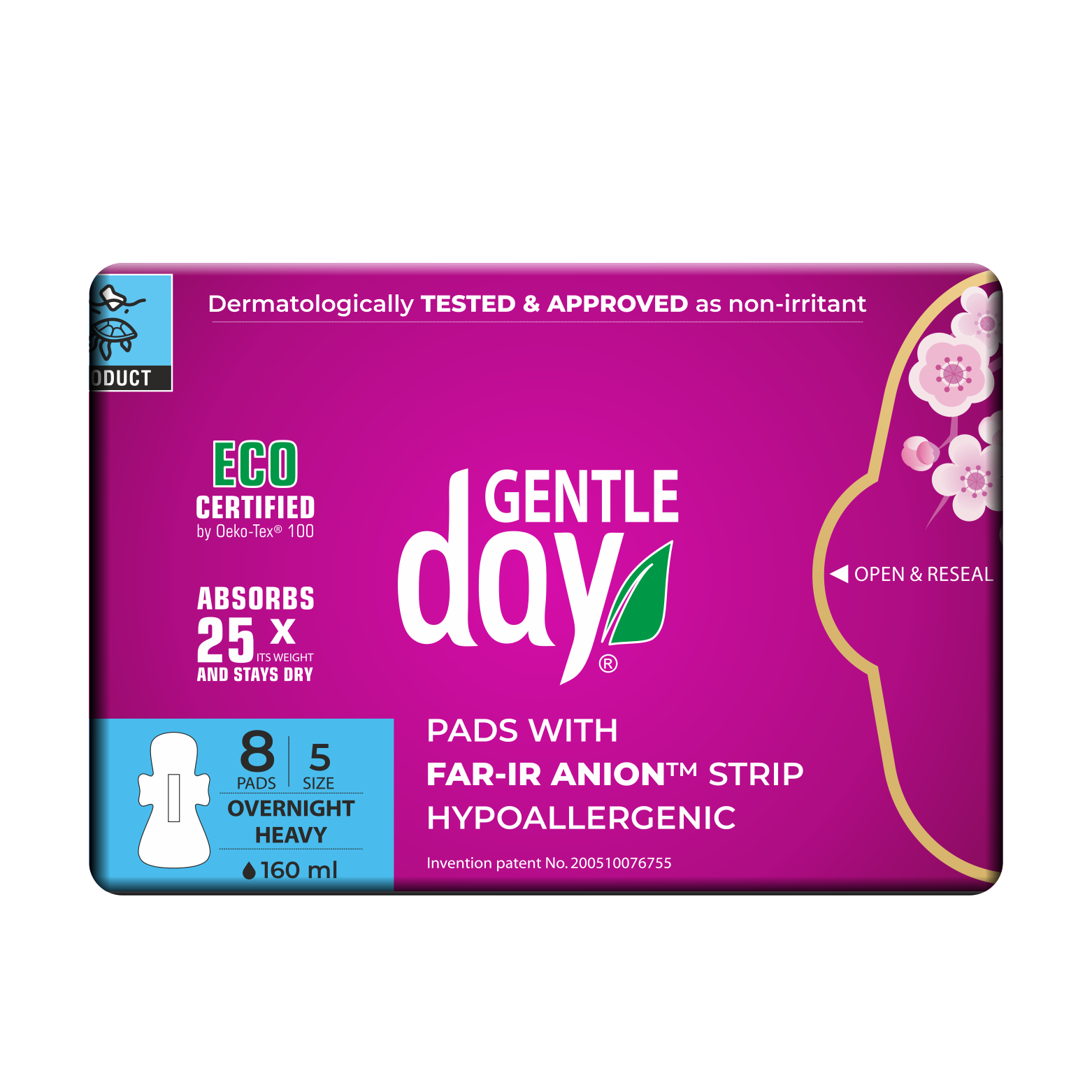 Packaging of GENTLE DAY Organic Packaging of Gentle Day Heavy Flow Pads with FAR-IR ANION Strip