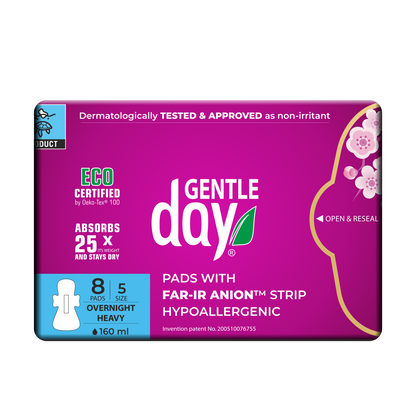 Packaging of GENTLE DAY Organic Packaging of Gentle Day Heavy Flow Pads with FAR-IR ANION Strip