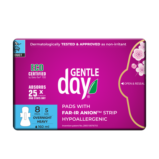 Packaging of GENTLE DAY Organic Packaging of Gentle Day Heavy Flow Pads with FAR-IR ANION Strip