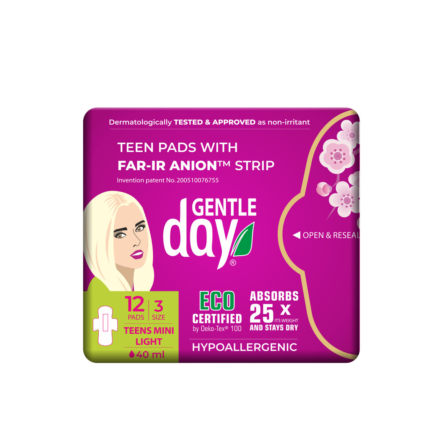 Gentle Day teen pads packaging with purple and green design on a white background
