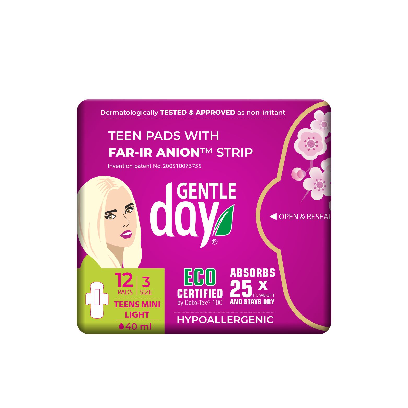 Gentle Day teen pads packaging with purple and green design on a white background