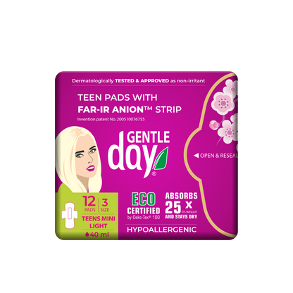 Gentle Day teen pads packaging with purple and green design on a white background