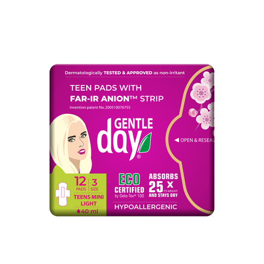 Gentle Day teen pads packaging with purple and green design on a white background