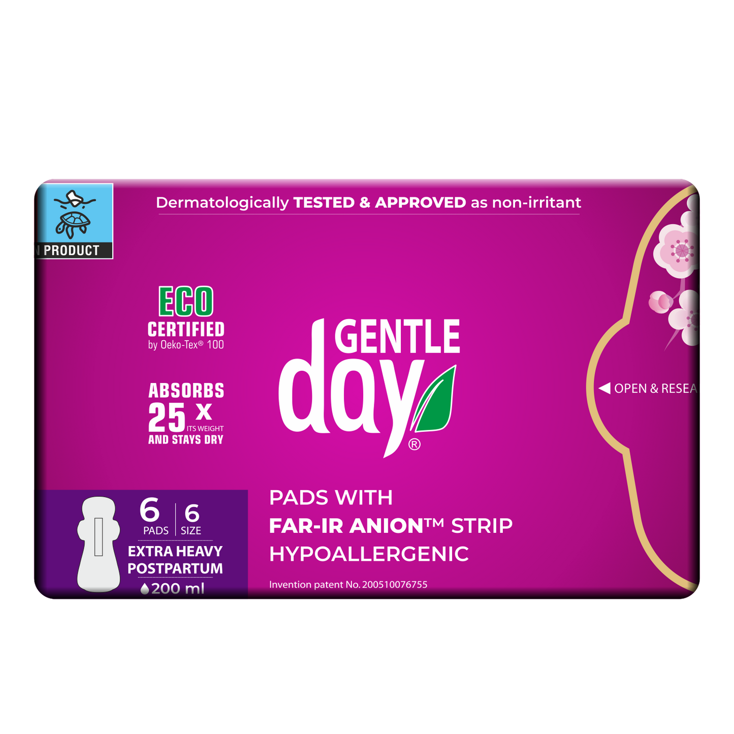 Gentle Day postpartum pads packaging with purple background and white text
