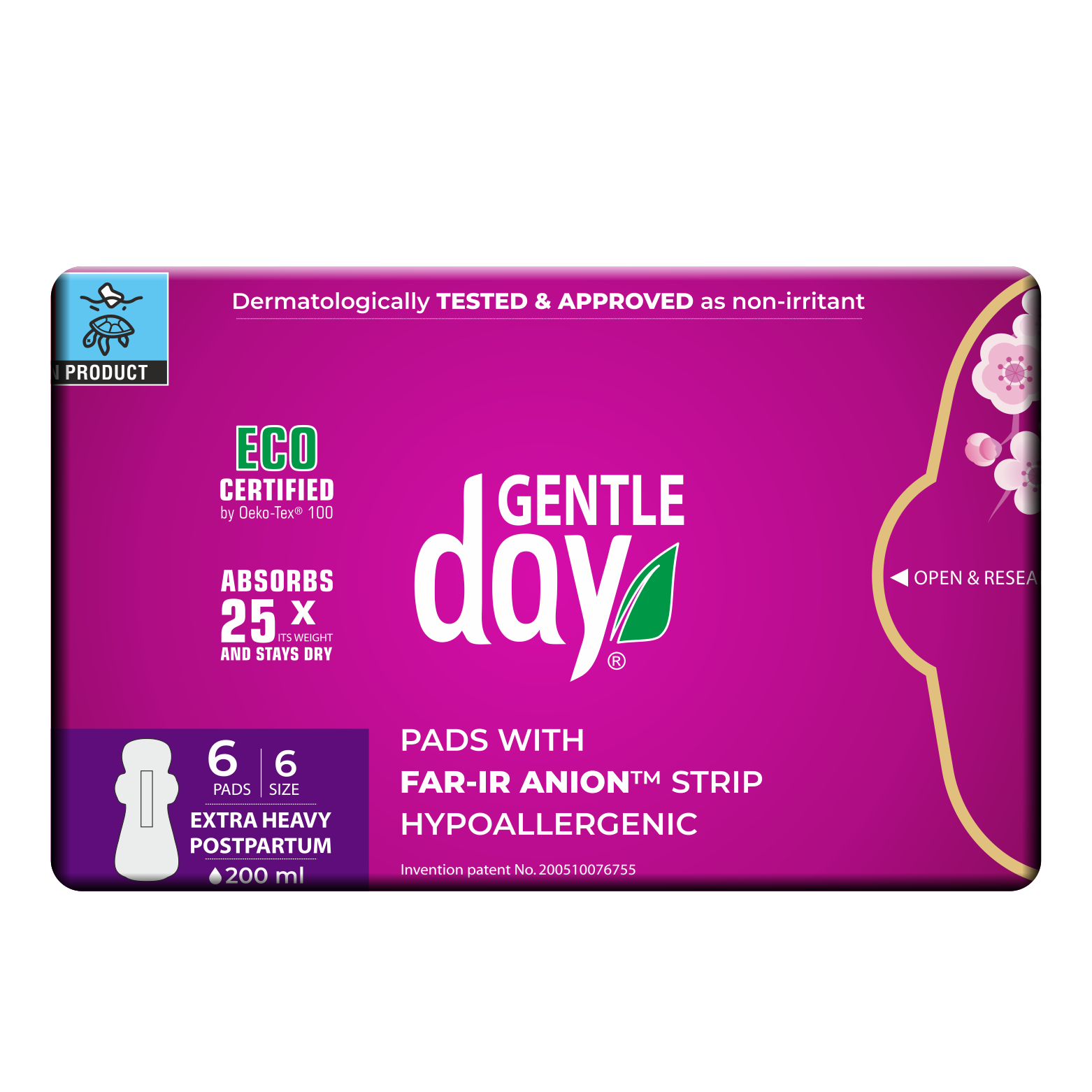Gentle Day postpartum pads packaging with purple background and white text