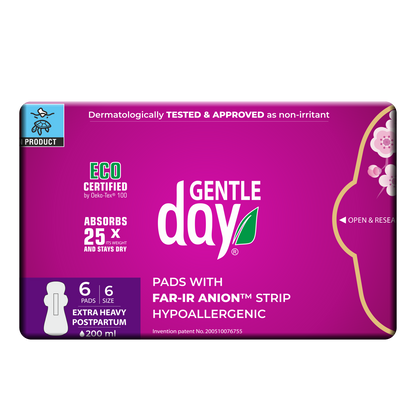 Gentle Day postpartum pads packaging with purple background and white text