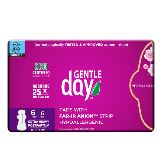 Gentle Day postpartum pads packaging with purple background and white text