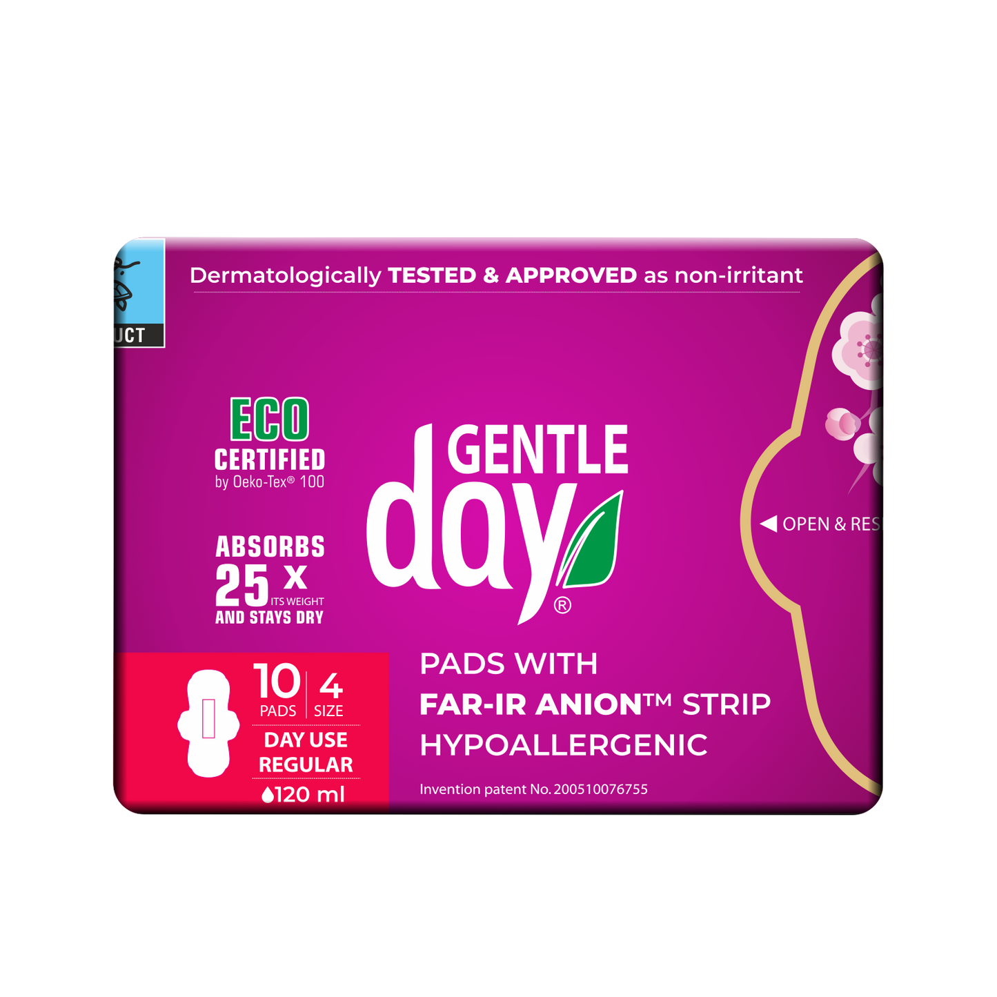 Packaging of GENTLE DAY Organic Regular Flow Pads with FAR-IR ANION Strip