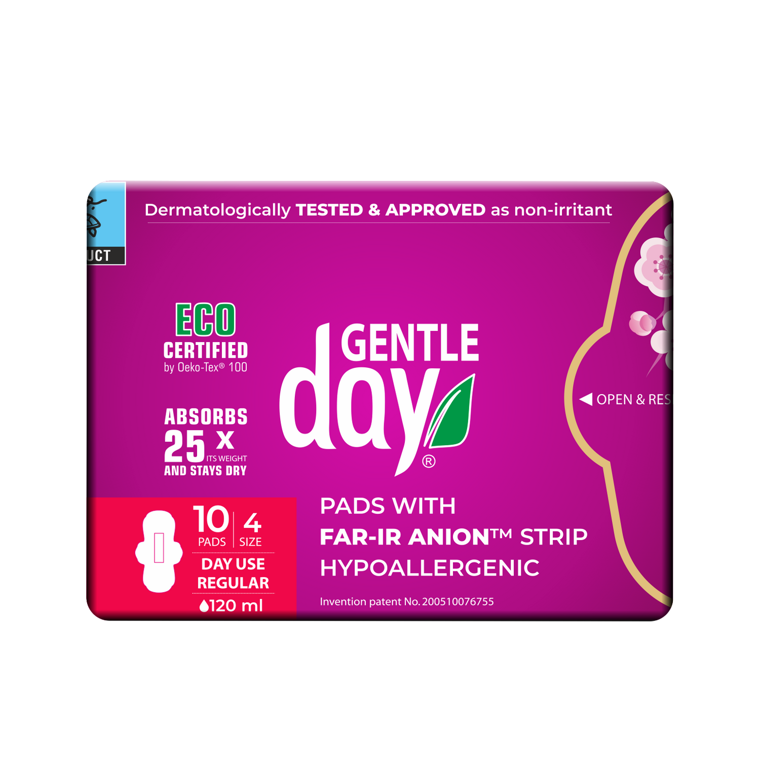 Packaging of GENTLE DAY Organic Regular Flow Pads with FAR-IR ANION Strip
