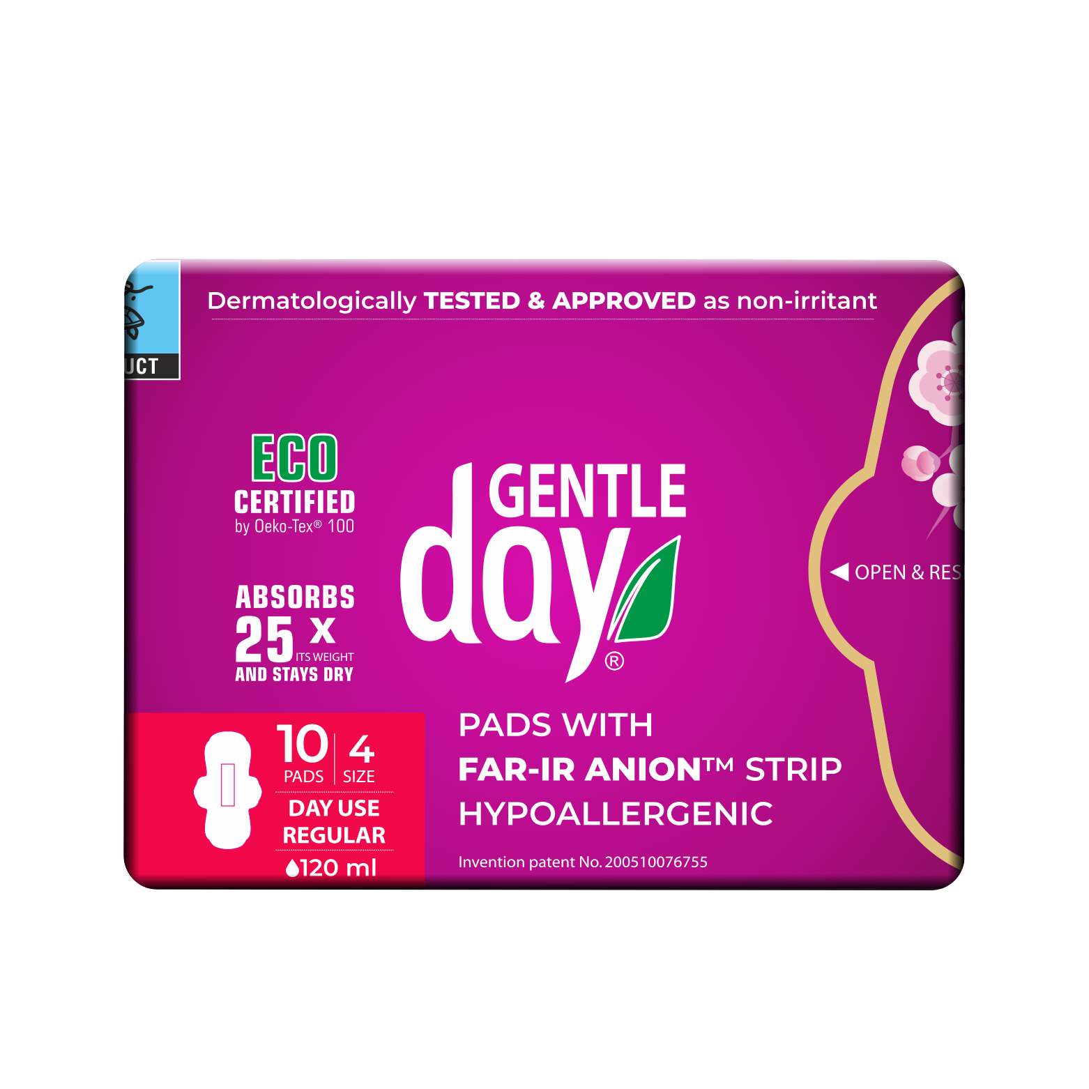 Packaging of GENTLE DAY Organic Regular Flow Pads with FAR-IR ANION Strip