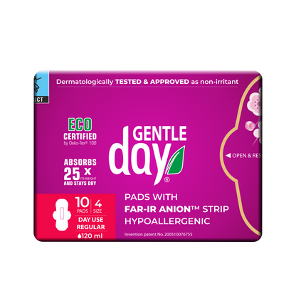 Packaging of GENTLE DAY Organic Regular Flow Pads with FAR-IR ANION Strip
