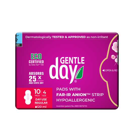 Packaging of GENTLE DAY Organic Regular Flow Pads with FAR-IR ANION Strip
