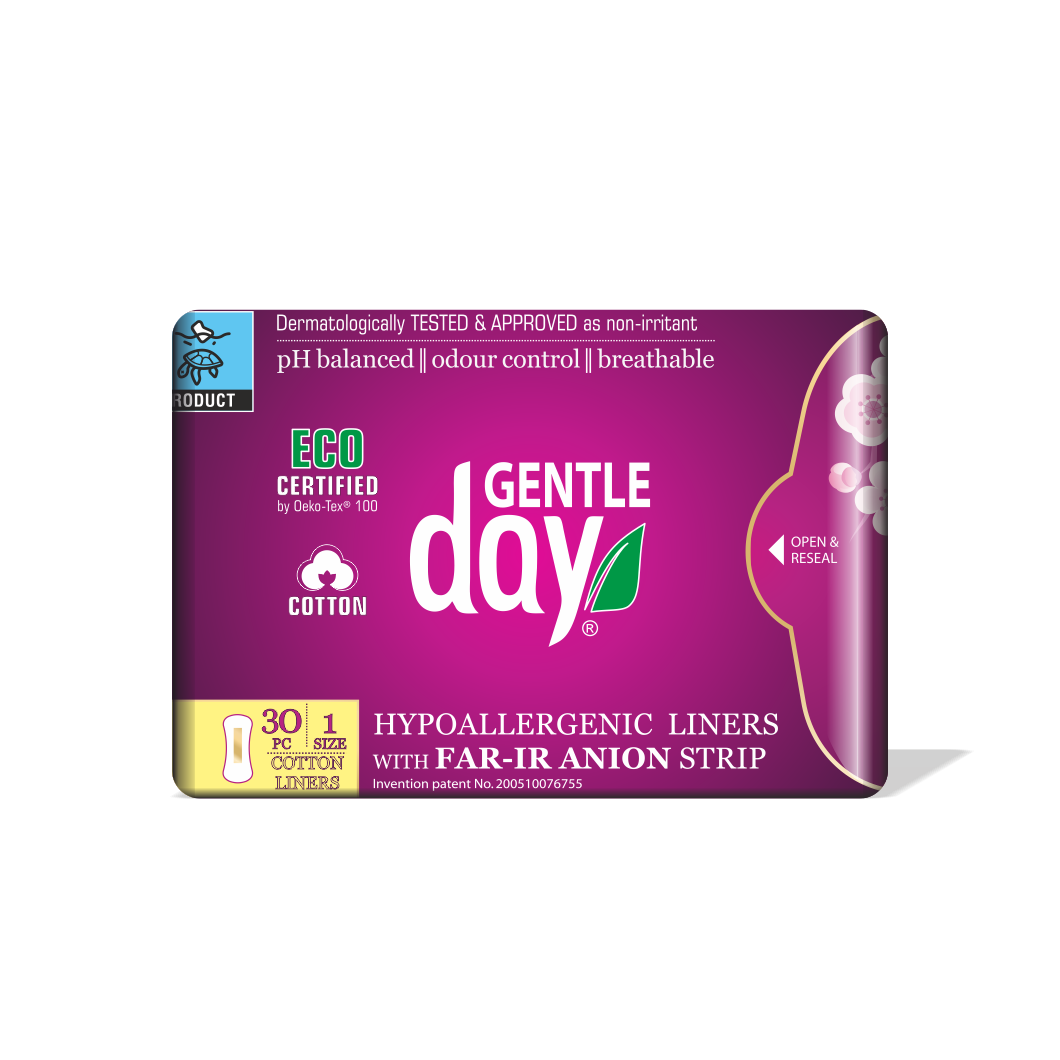 Packaging of GENTLE DAY Organic Cotton liners with FAR-IR ANION Strip