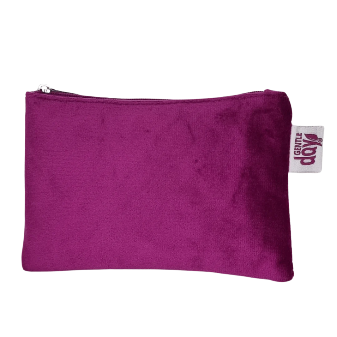 Purple pouch with a visible brand tag on a white background